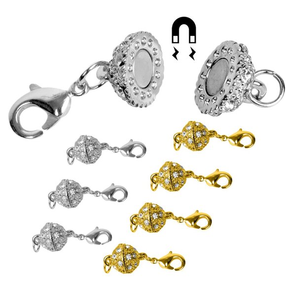 Magnetic Clasps Necklace -NEW- Set of 8 Rhinestone - Ball - Silver & Goldtone - Picture 1 of 8